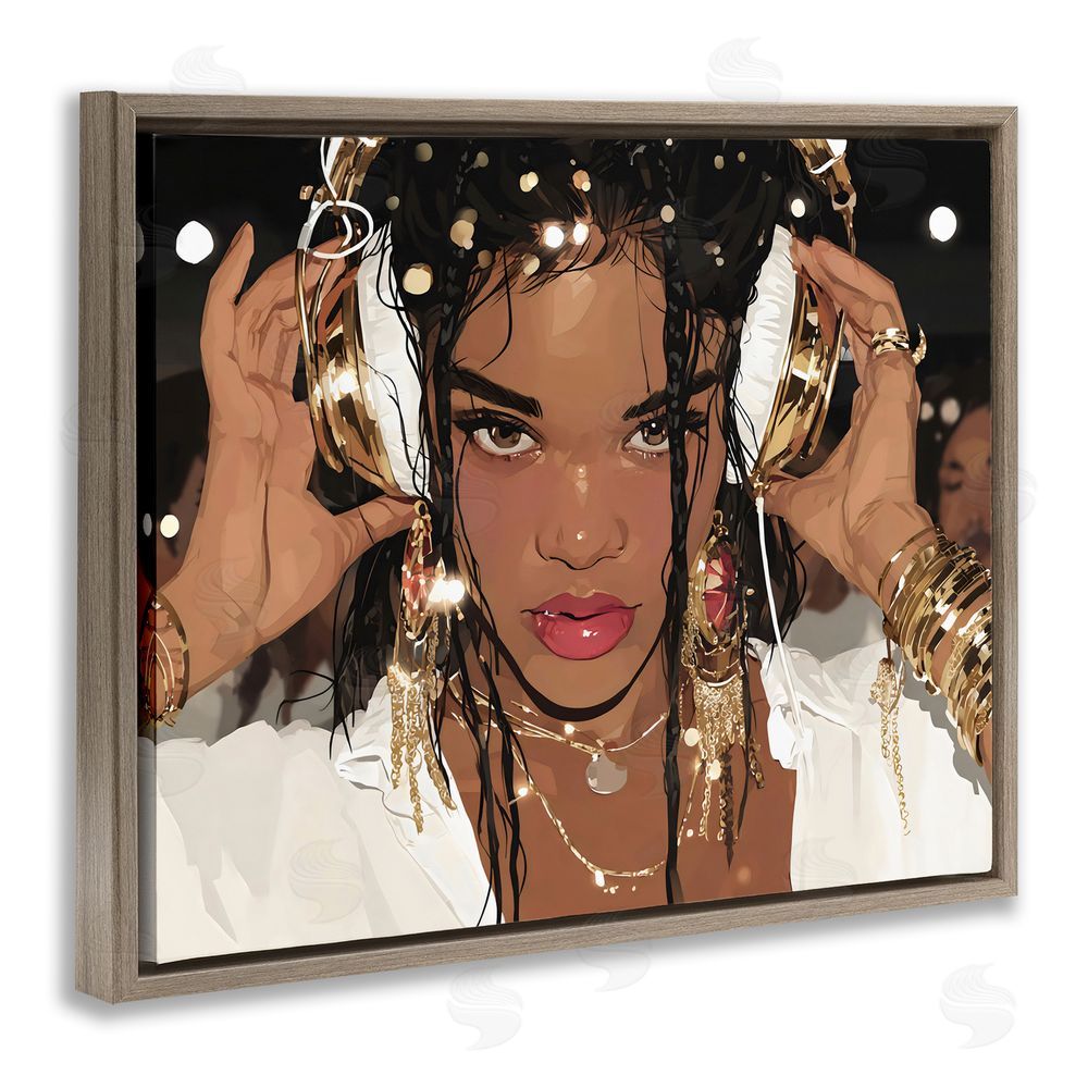 Franklyn Gregory Gold Headphones Glam Female Brown Floating Framed Canvas Wall Art