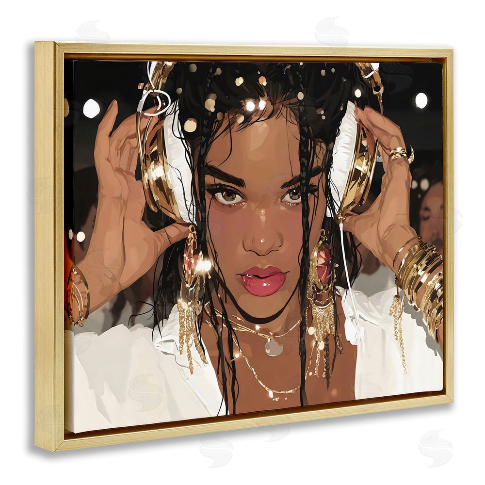 Franklyn Gregory Gold Headphones Glam Female Gold Floating Framed Canvas Wall Art