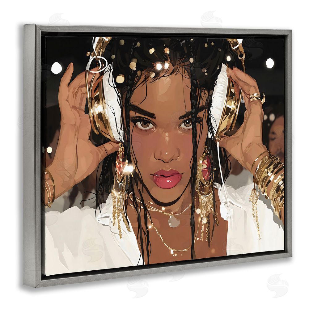 Franklyn Gregory Gold Headphones Glam Female Gray Floating Framed Canvas Wall Art