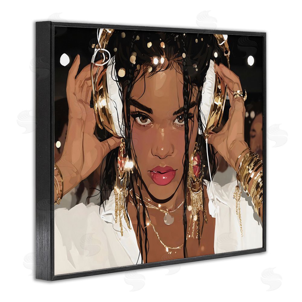 Franklyn Gregory Gold Headphones Glam Female Black Framed Giclee Wall Art