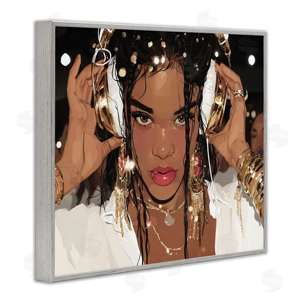 Franklyn Gregory Gold Headphones Glam Female Gray Framed Giclee Wall Art