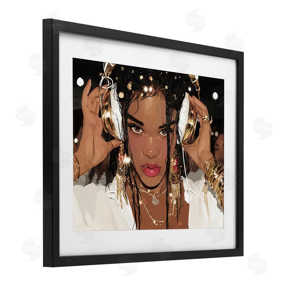 Franklyn Gregory Gold Headphones Glam Female Black Framed Print Under Glass Wall Art