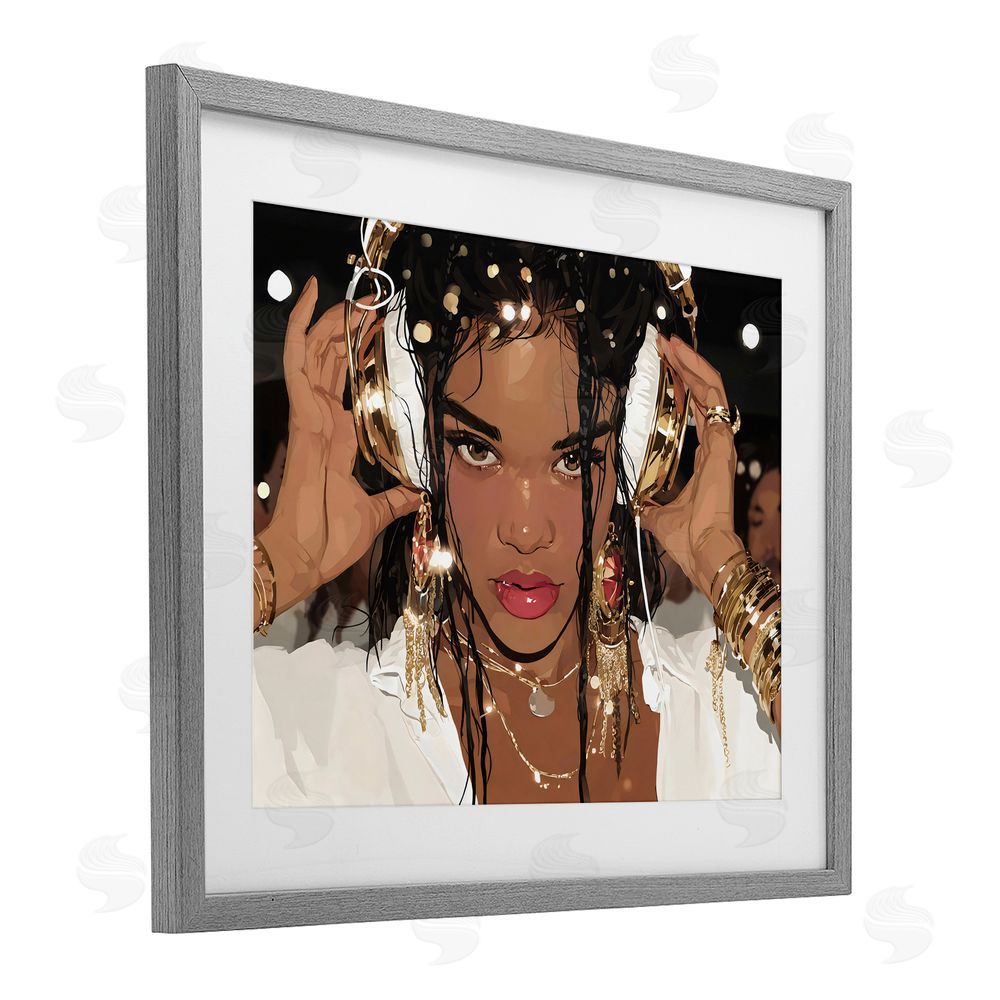 Franklyn Gregory Gold Headphones Glam Female Gray Framed Print Under Glass Wall Art