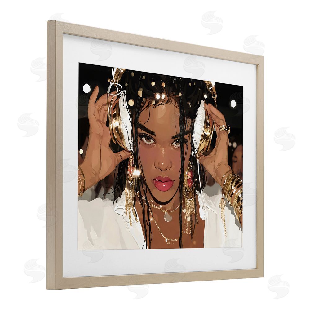Franklyn Gregory Gold Headphones Glam Female Brown Framed Print Under Glass Wall Art