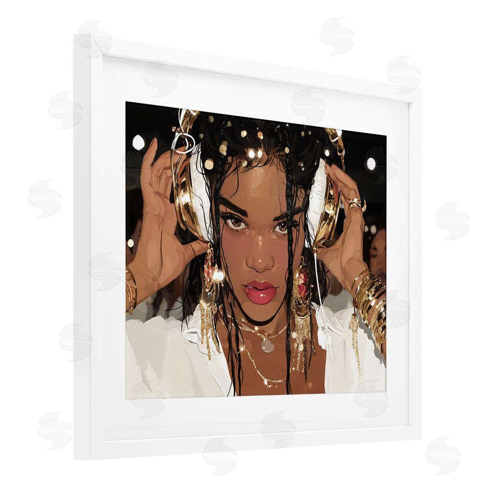 Franklyn Gregory Gold Headphones Glam Female White Framed Print Under Glass Wall Art