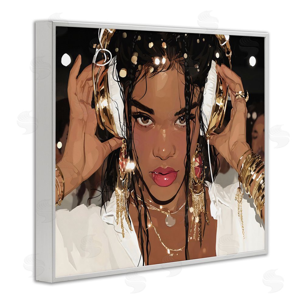 Franklyn Gregory Gold Headphones Glam Female White Framed Giclee Wall Art
