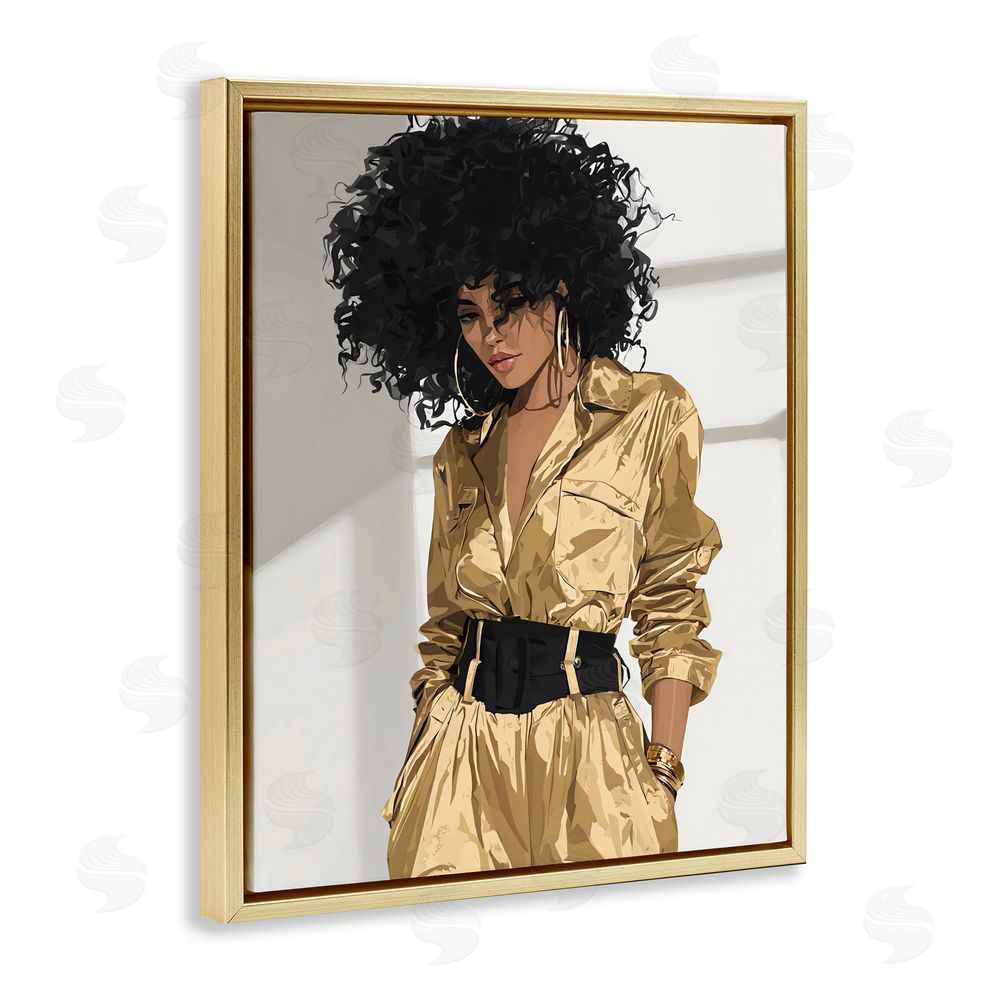 Franklyn Gregory Elegant Woman in Chic Jumpsuit Gold Floating Framed Canvas Wall Art