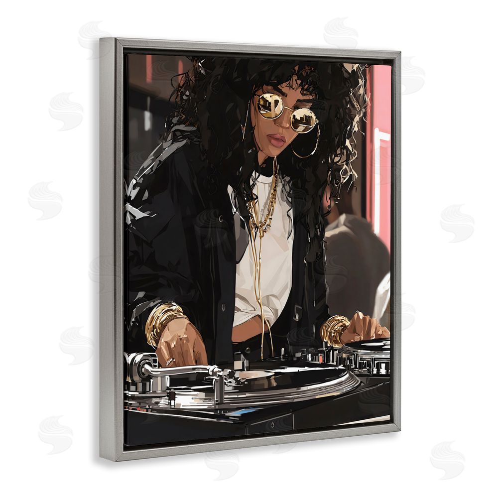 Franklyn Gregory DJ Focused On Turntables Gray Floating Frame Canvas Wall Art Print