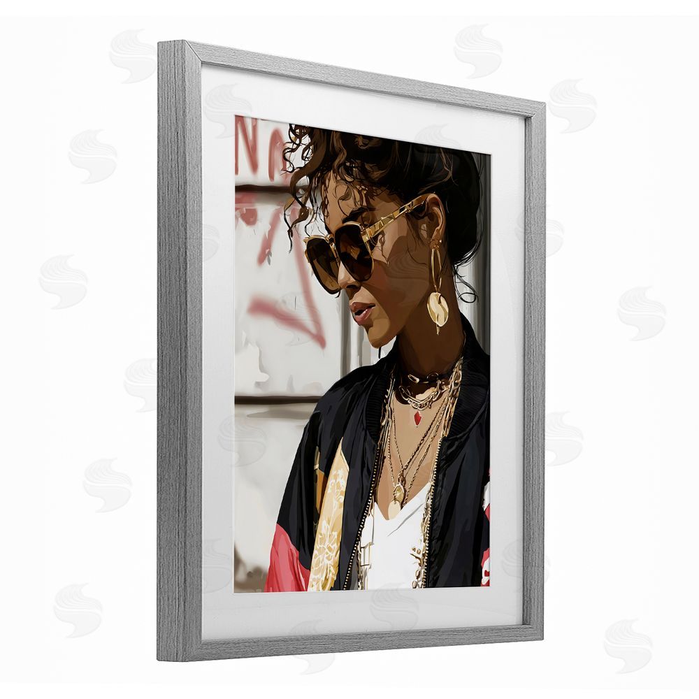 Franklyn Gregory Woman in Sunglasses With Jewelry Gray Framed Print Under Glass with White Mat Wall Art