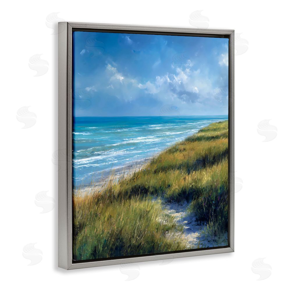 Franklyn Gregory Coastal Grass & Rolling Waves Gray Floating Frame Canvas Wall Art Print