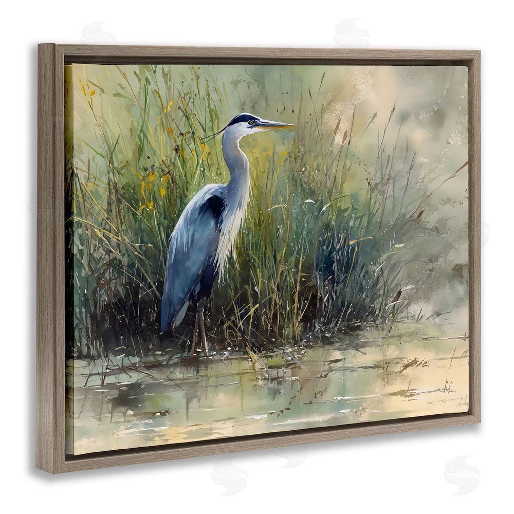 Franklyn Gregory Heron In The Grass Brown Floating Framed Canvas Wall Art