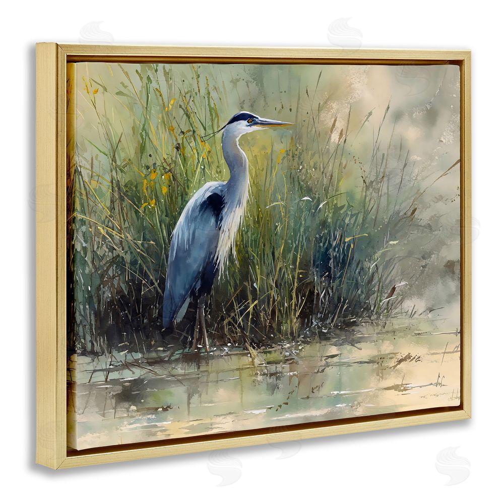Franklyn Gregory Heron In The Grass Gold Floating Framed Canvas Wall Art