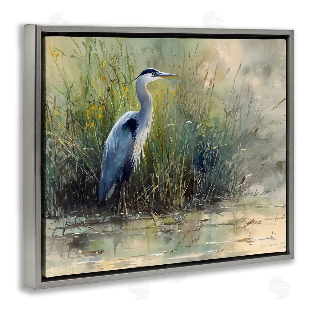 Franklyn Gregory Heron In The Grass Gray Floating Framed Canvas Wall Art