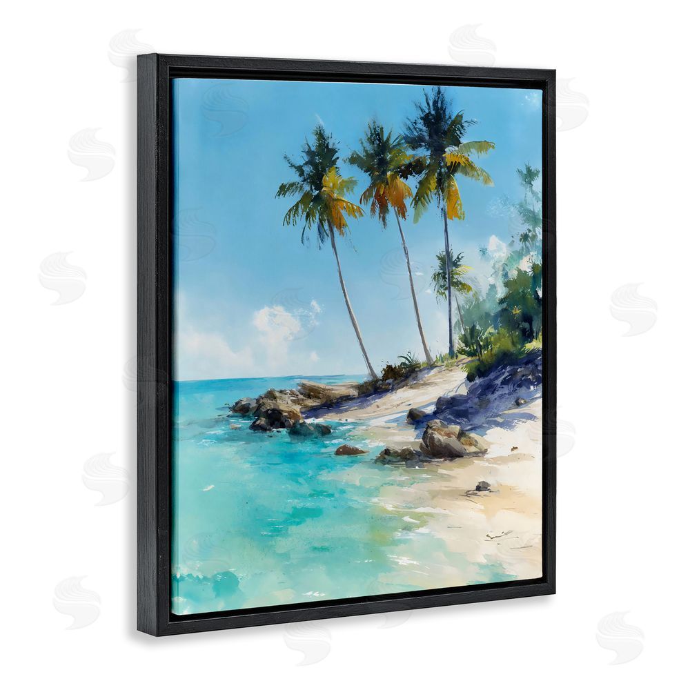 Franklyn Gregory Rocky Tropical Shore Black Floating Framed Canvas Wall Art