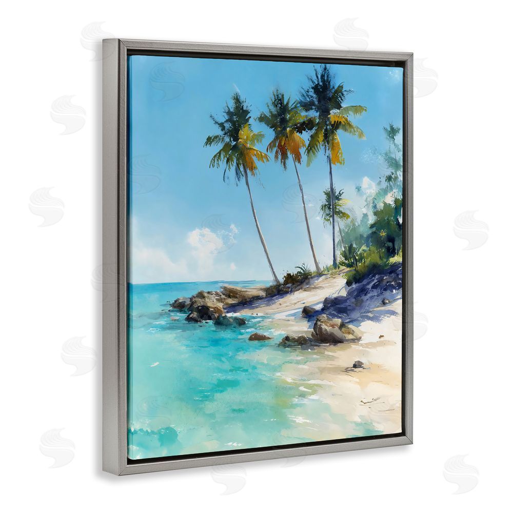 Franklyn Gregory Rocky Tropical Shore Gray Floating Framed Canvas Wall Art
