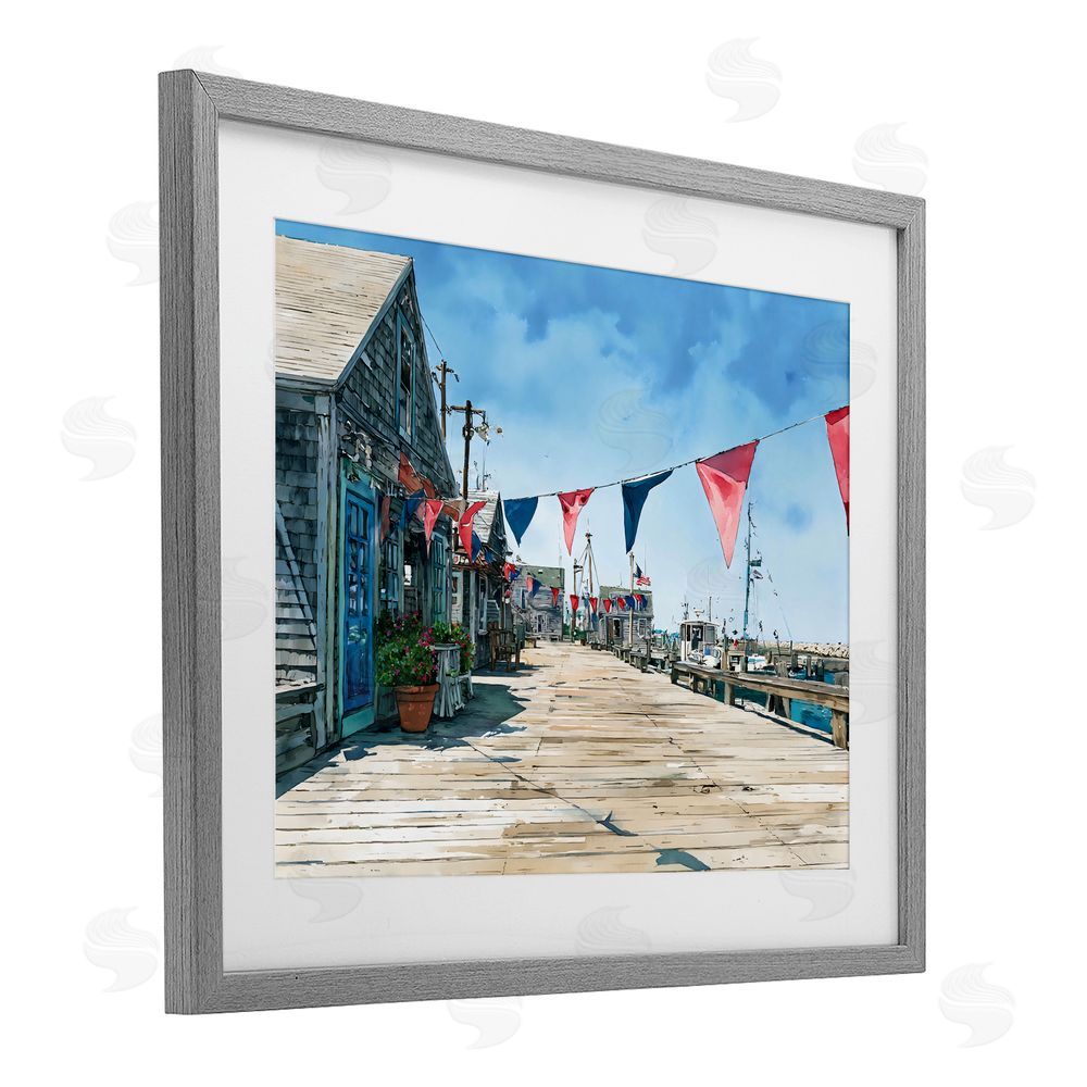 Franklyn Gregory Seaside Fishing Wharf Gray Framed Print Under Glass with White Mat Wall Art