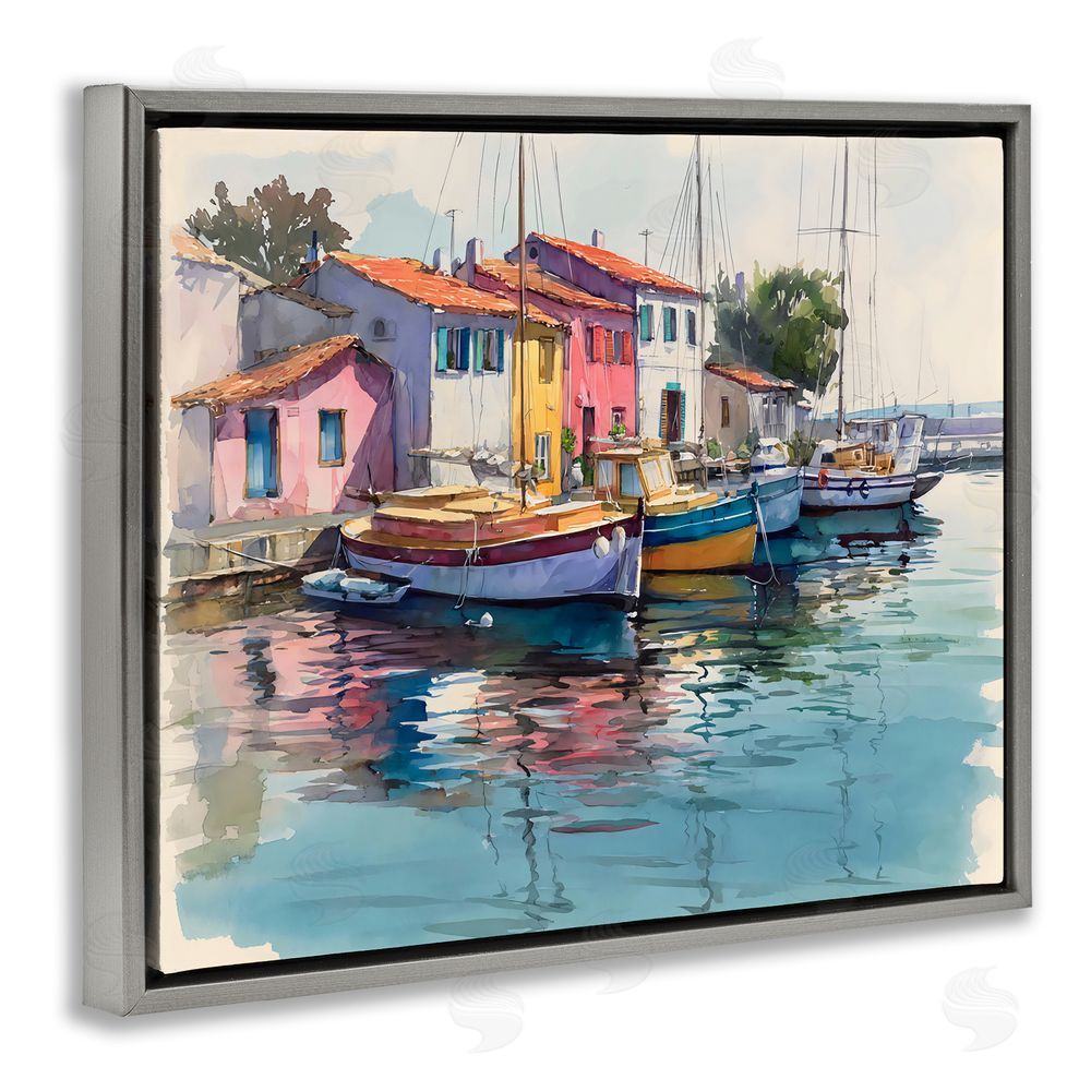 Franklyn Gregory Colorful Docks Harbor Gray Floating Frame Canvas Wall Art Print