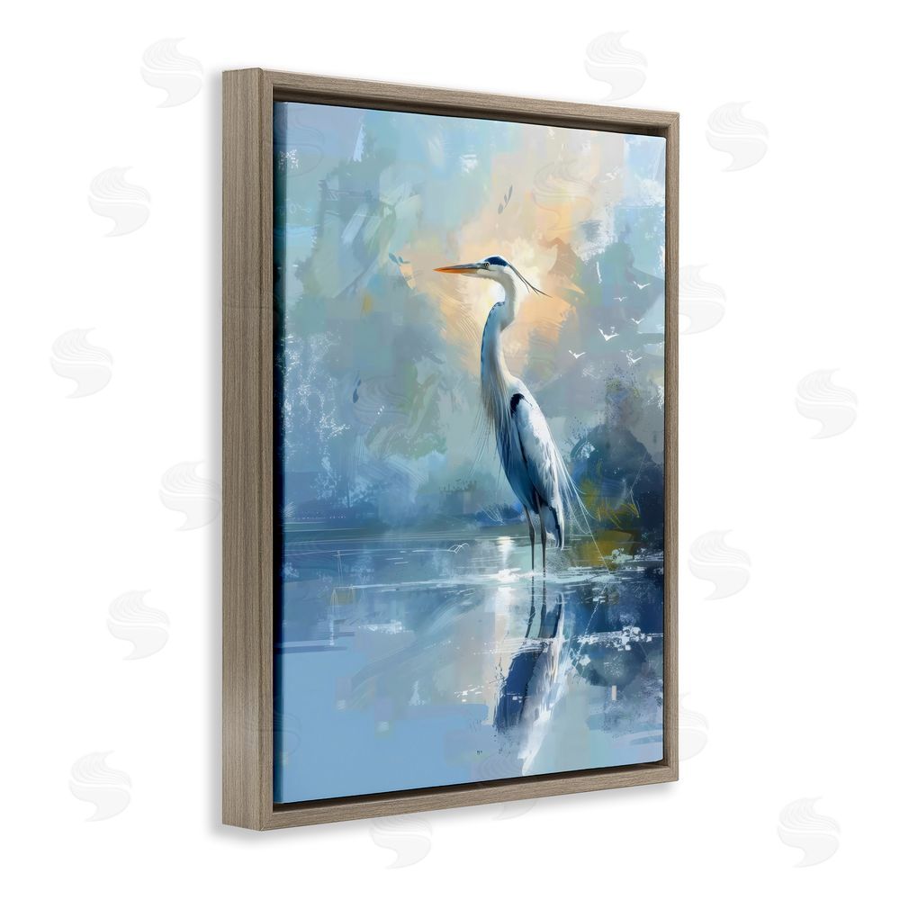 Creative Studio Tranquil Heron with Dawn Glow Brown Floating Framed Canvas Wall Art Print
