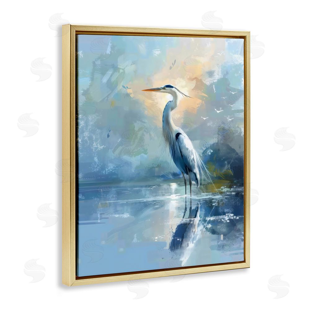 Creative Studio Tranquil Heron with Dawn Glow Gold Floating Framed Canvas Wall Art Print