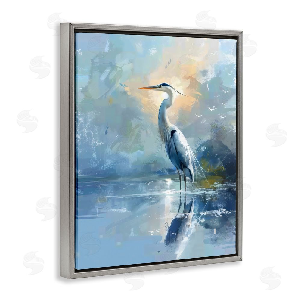 Creative Studio Tranquil Heron with Dawn Glow Gray Floating Framed Canvas Wall Art Print