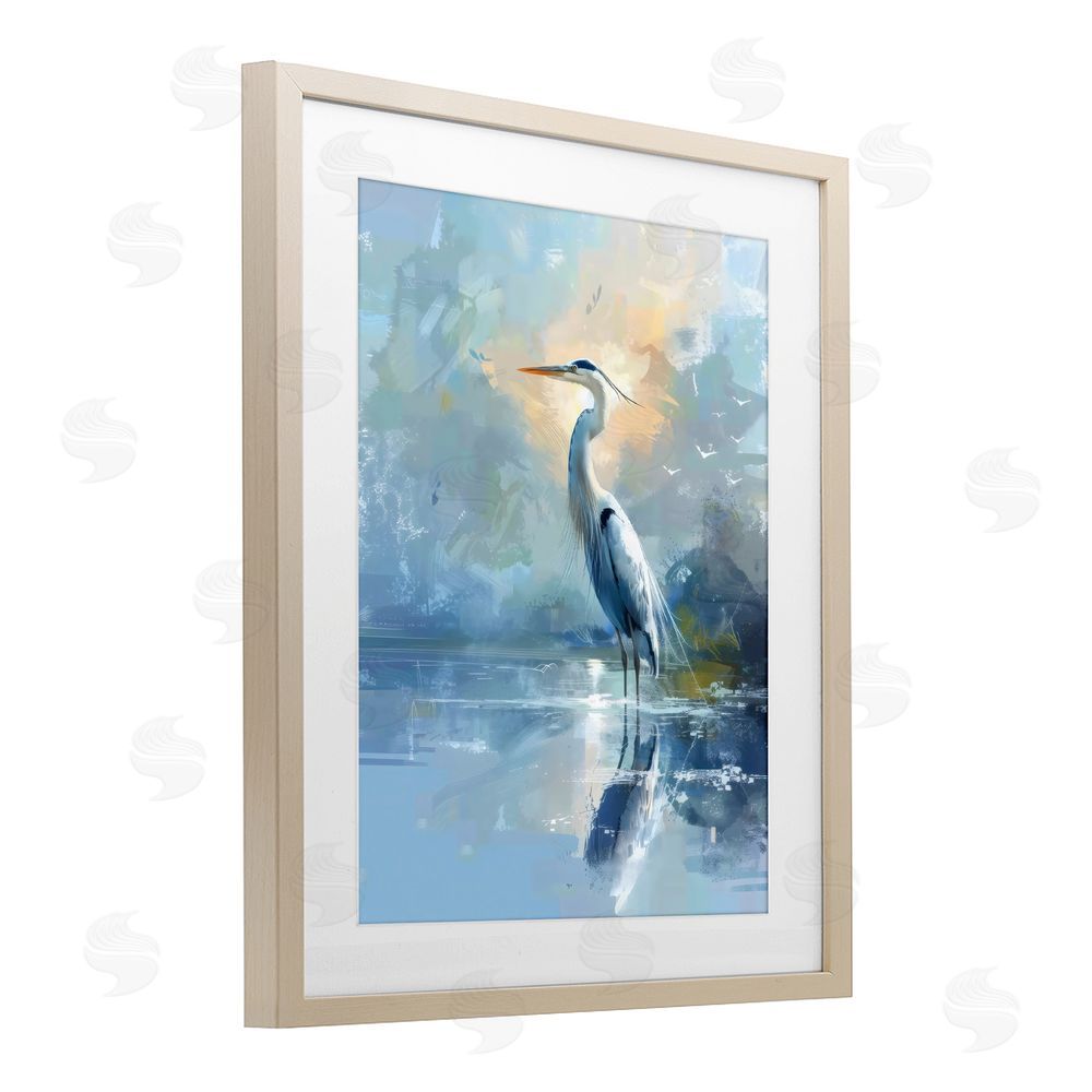 Creative Studio Tranquil Heron with Dawn Glow Brown Framed Print Under Glass with White Mat Wall Art
