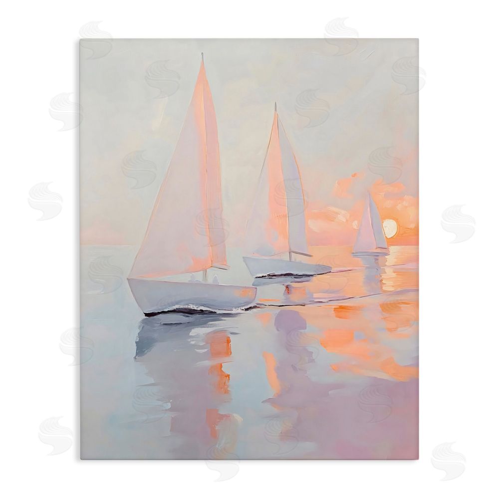 Creative Studio Peach Sunset Sailboats on Sea Stretched Canvas Wall Art