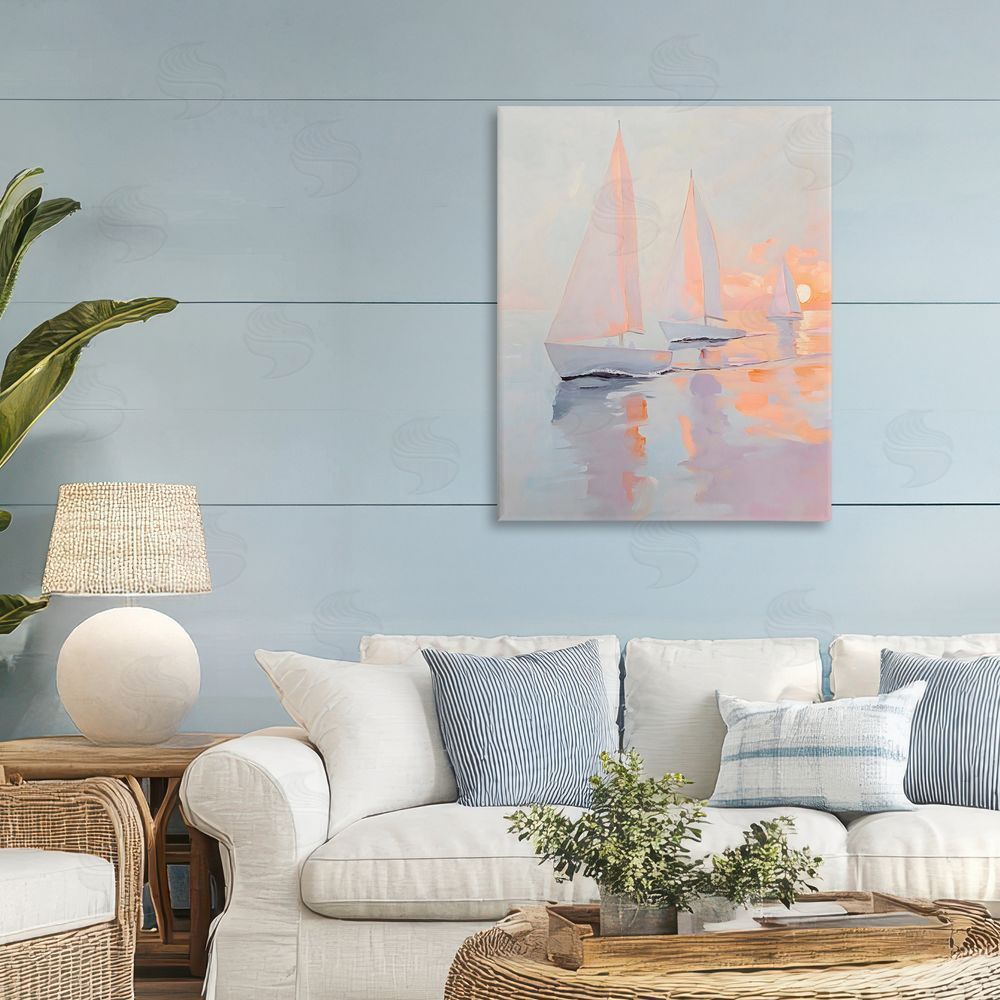 Creative Studio Peach Sunset Sailboats on Sea Stretched Canvas Wall Art in Room