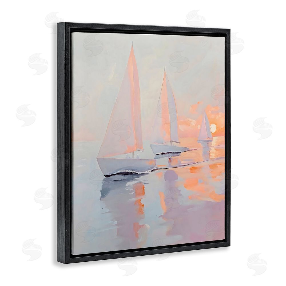 Creative Studio Peach Sunset Sailboats on Sea Black Floating Framed Canvas Wall Art