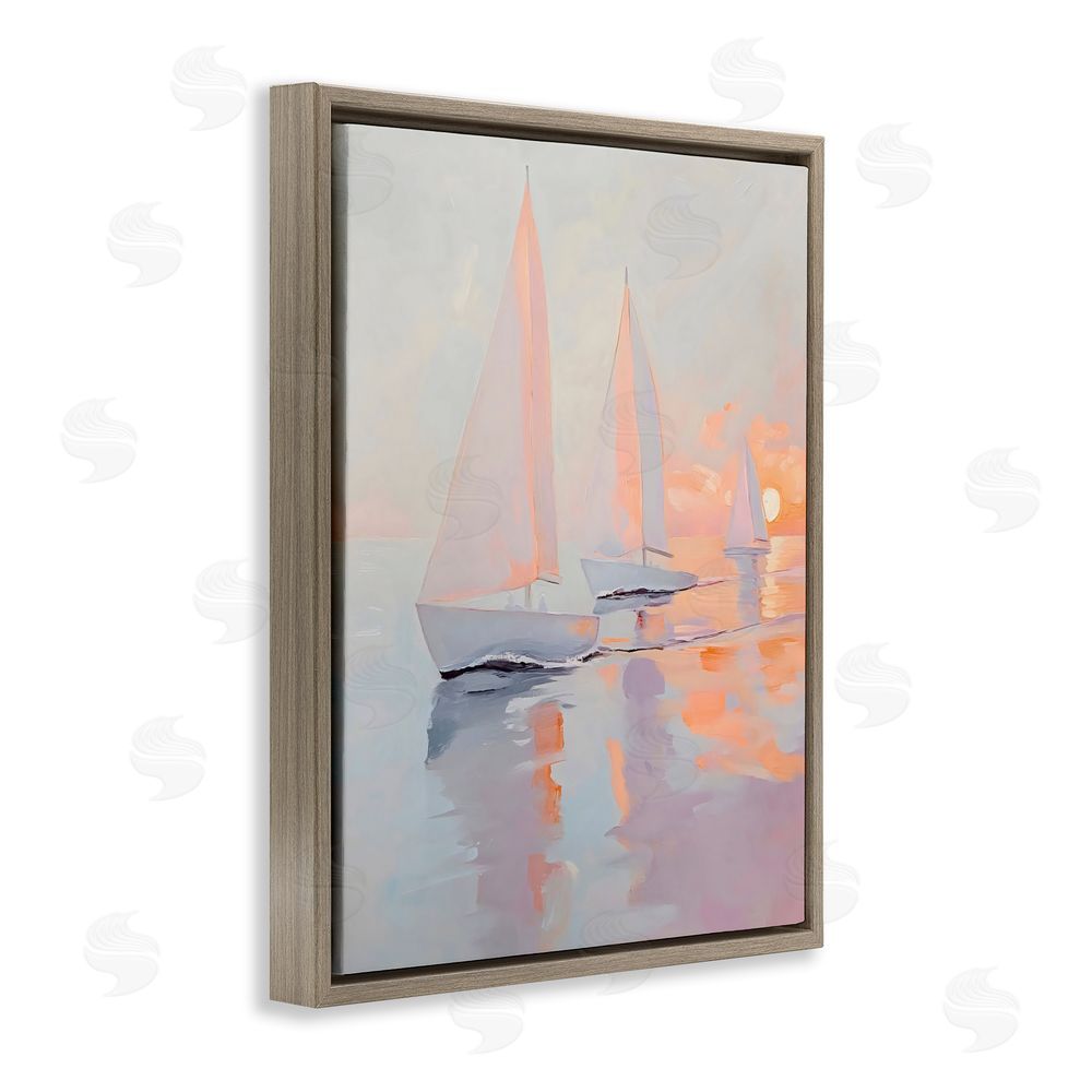 Creative Studio Peach Sunset Sailboats on Sea Brown Floating Framed Canvas Wall Art