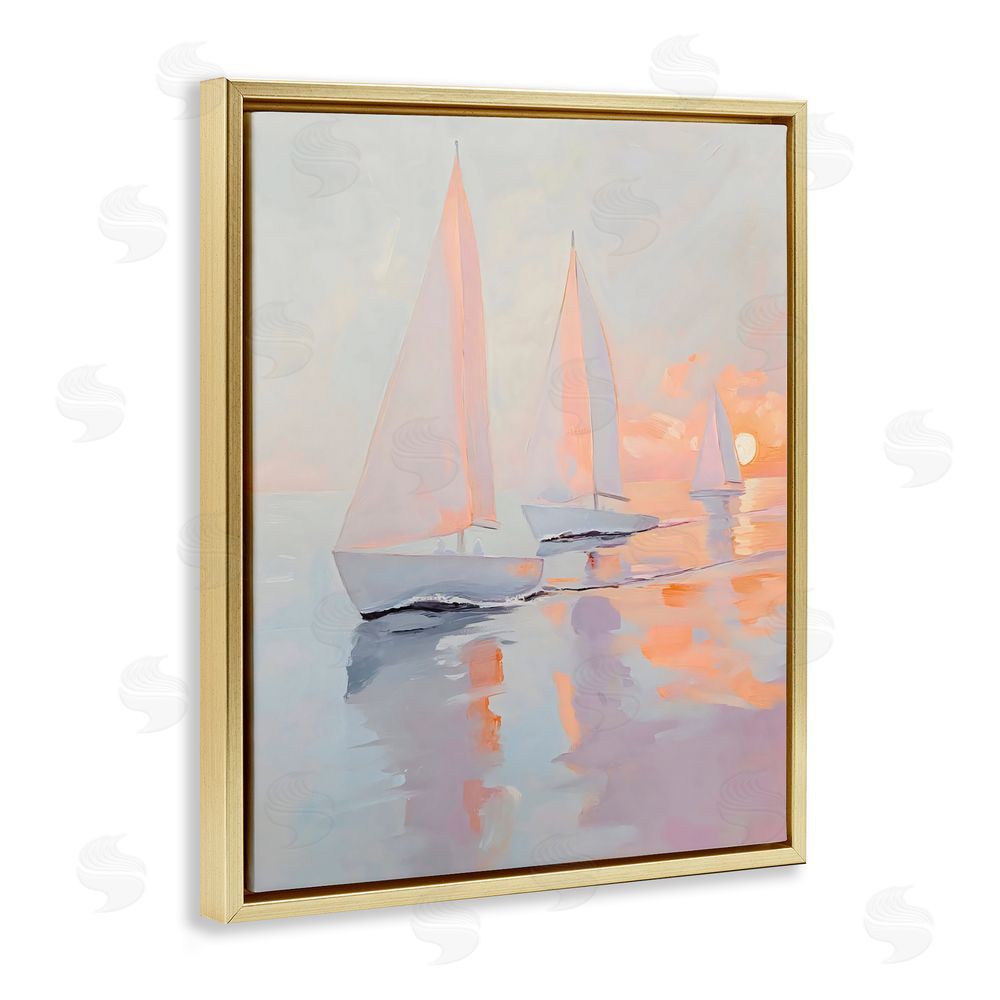 Creative Studio Peach Sunset Sailboats on Sea Gold Floating Framed Canvas Wall Art