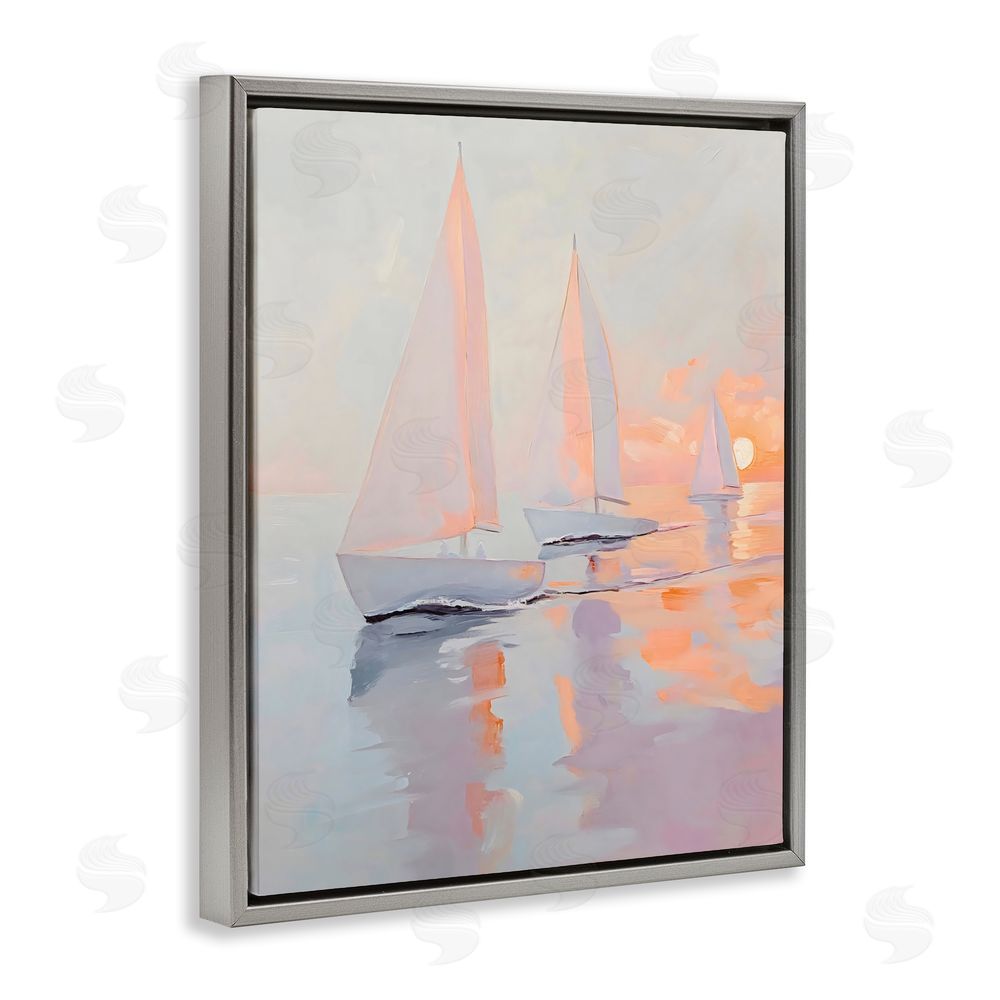 Creative Studio Peach Sunset Sailboats on Sea Gray Floating Framed Canvas Wall Art