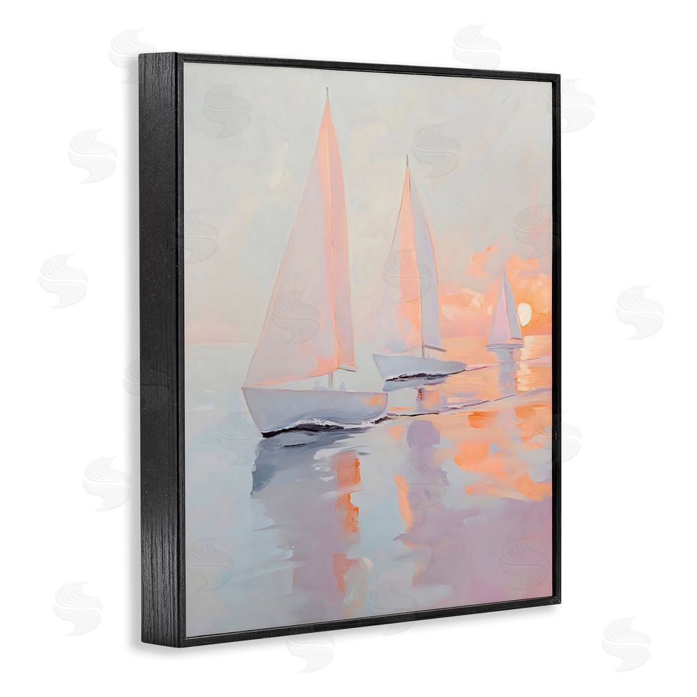 Creative Studio Peach Sunset Sailboats on Sea Black Framed Giclee Wall Art
