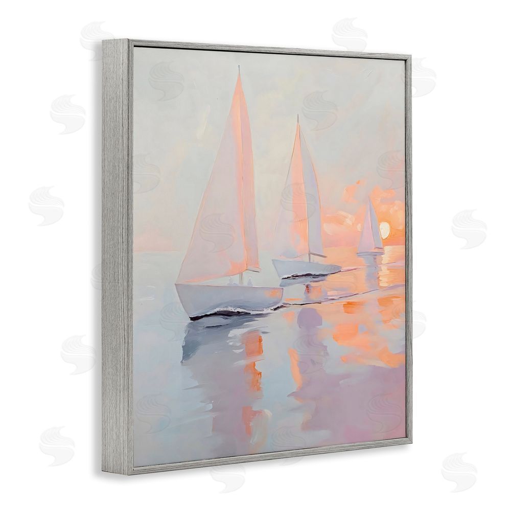 Creative Studio Peach Sunset Sailboats on Sea Gray Framed Giclee Wall Art