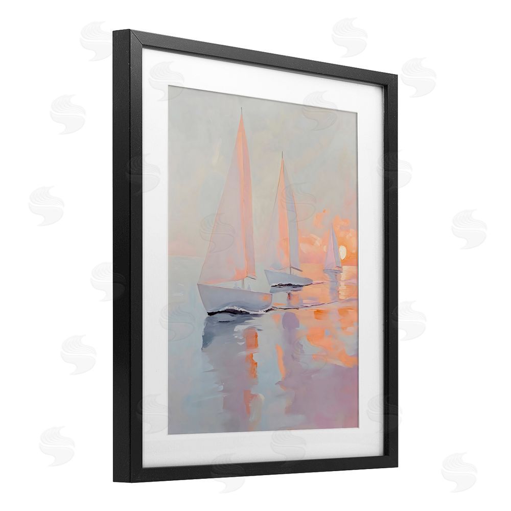 Creative Studio Peach Sunset Sailboats on Sea Black Framed Print Under Glass Wall Art