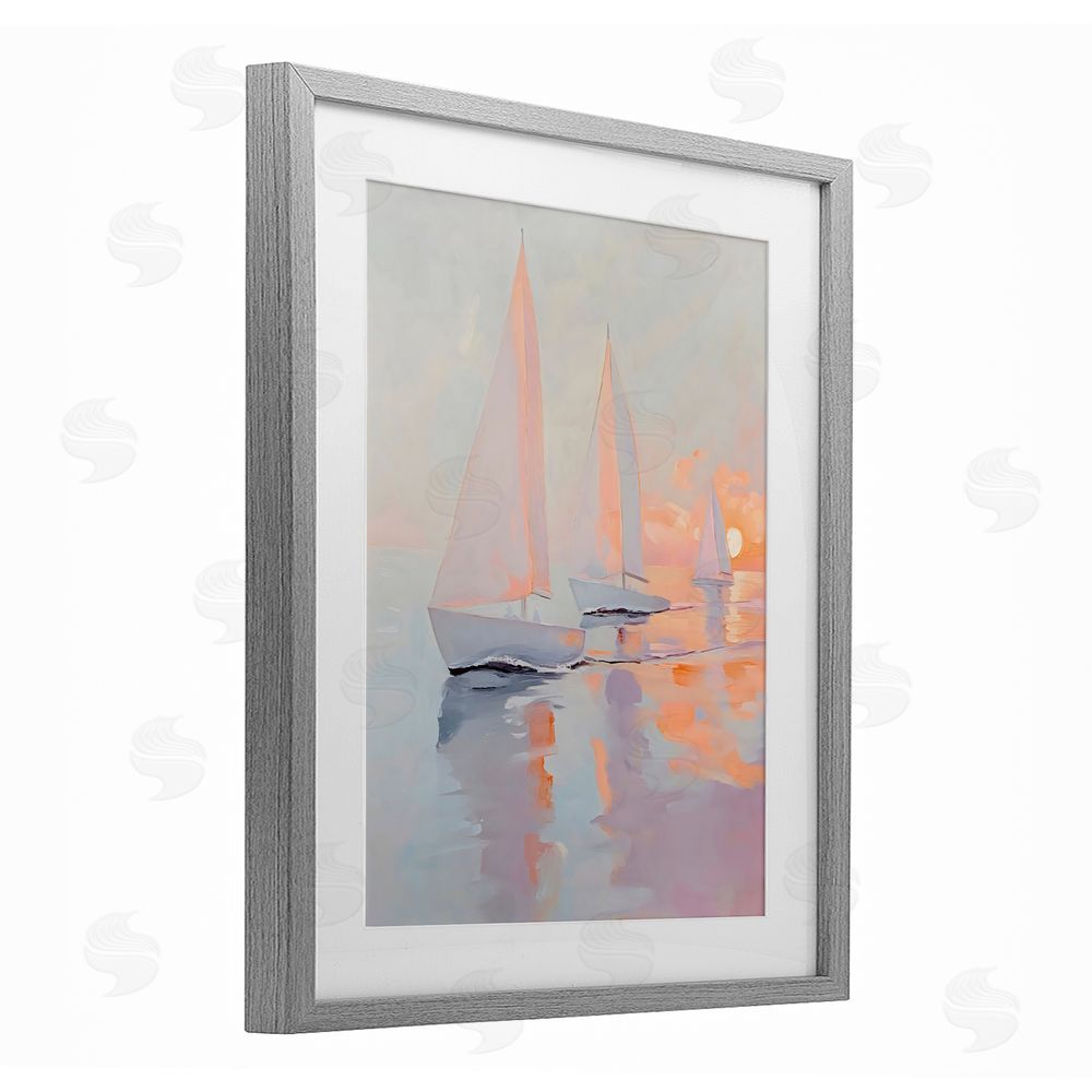 Creative Studio Peach Sunset Sailboats on Sea Gray Framed Print Under Glass Wall Art