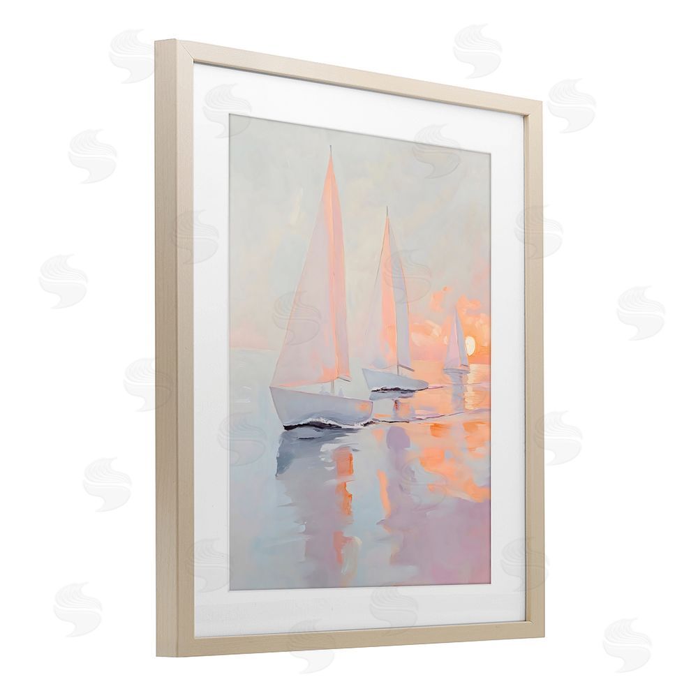 Creative Studio Peach Sunset Sailboats on Sea Brown Framed Print Under Glass Wall Art