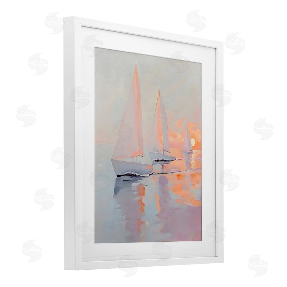 Creative Studio Peach Sunset Sailboats on Sea White Framed Print Under Glass Wall Art