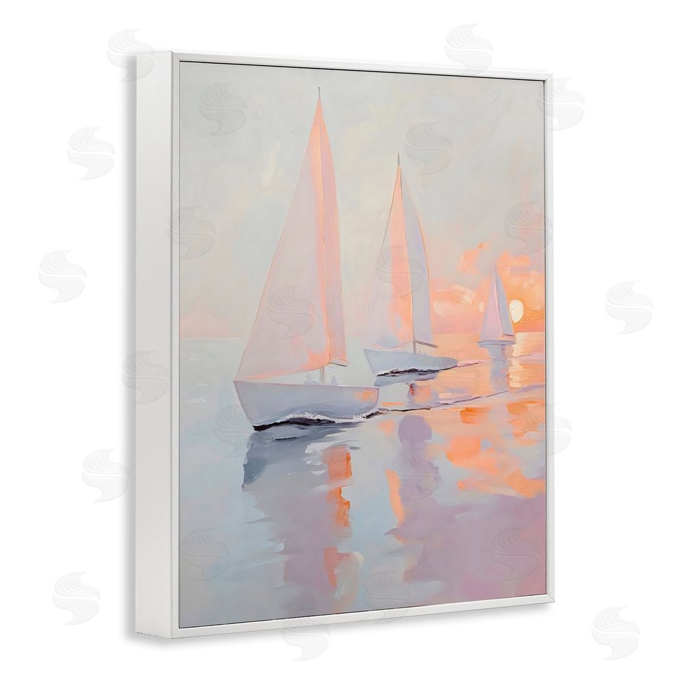 Creative Studio Peach Sunset Sailboats on Sea White Framed Giclee Wall Art