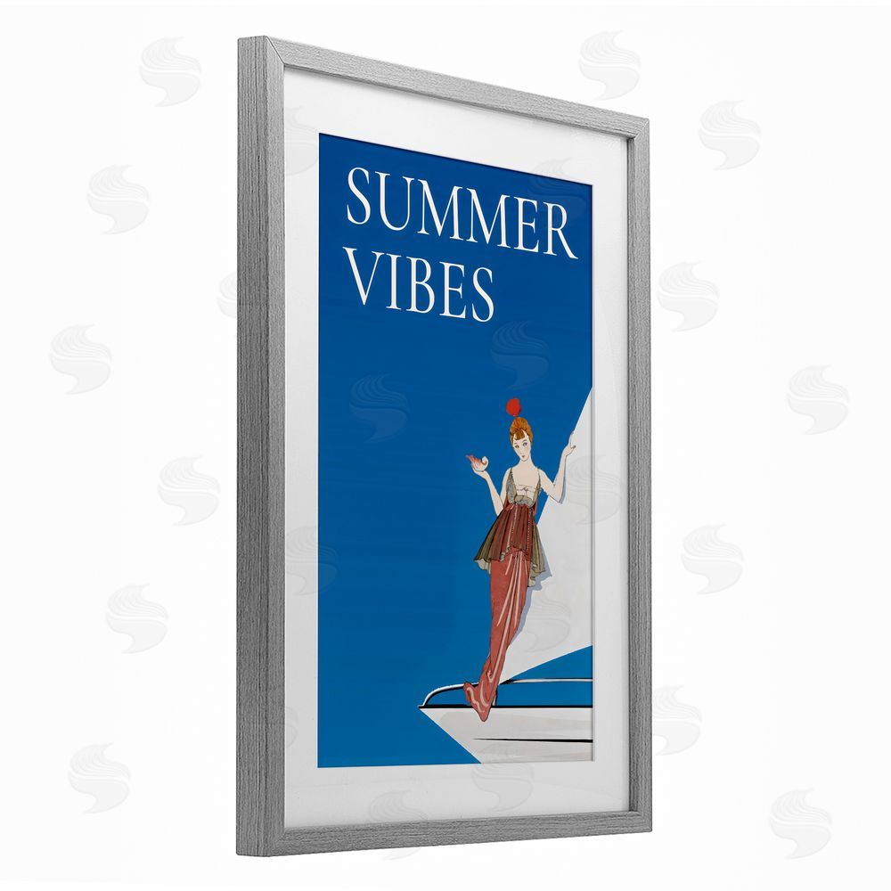 Creative Studio Summer Vibes Vintage Yacht Gray Framed Print Under Glass with White Mat Wall Art