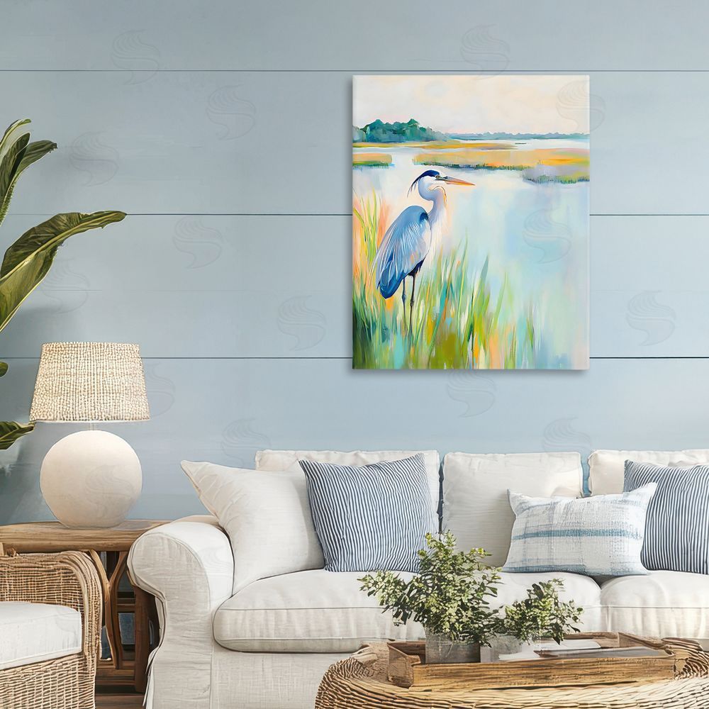 Creative Studio Heron Perched in the Grass Stretched Canvas Wall Art in Room