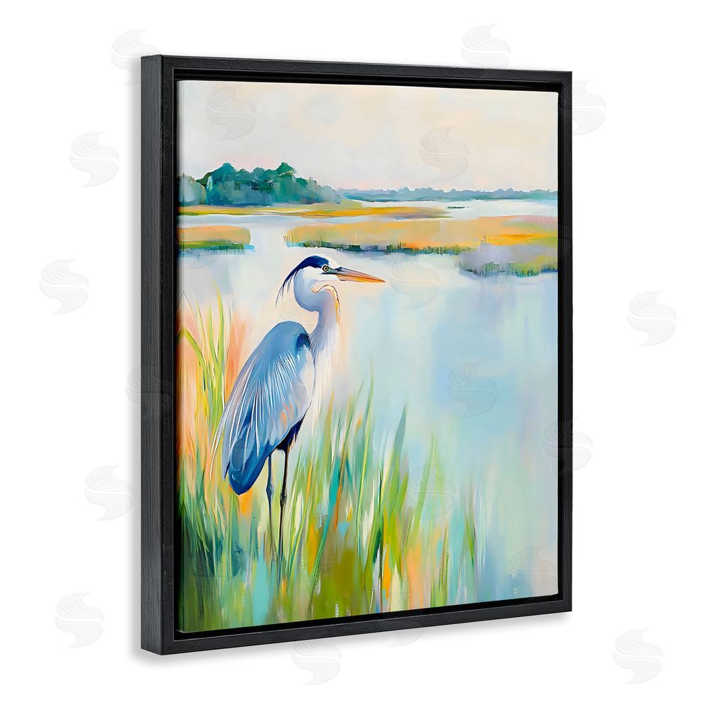 Creative Studio Heron Perched in the Grass Black Floating Framed Canvas Wall Art