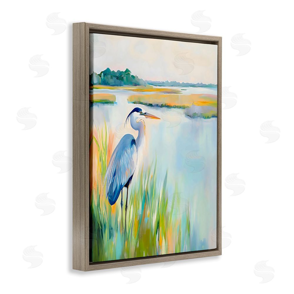 Creative Studio Heron Perched in the Grass Brown Floating Framed Canvas Wall Art