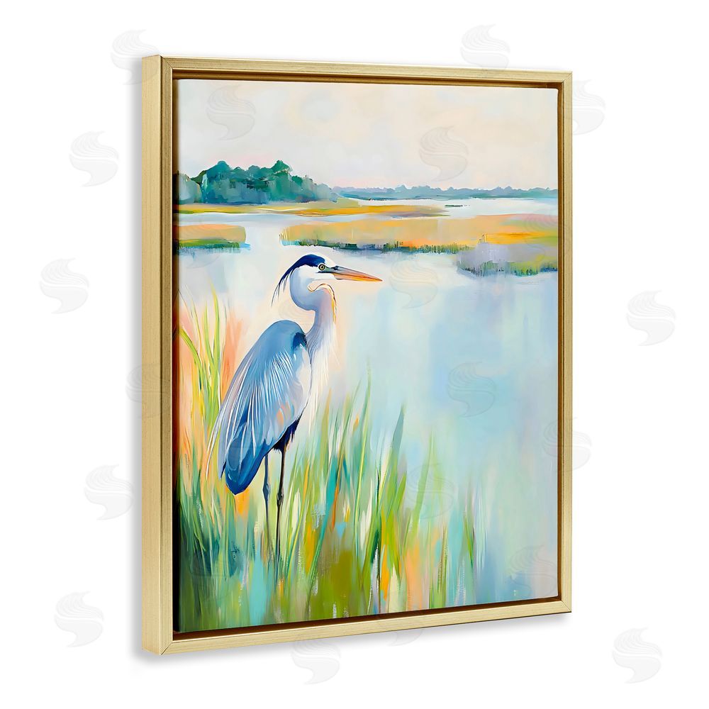 Creative Studio Heron Perched in the Grass Gold Floating Framed Canvas Wall Art