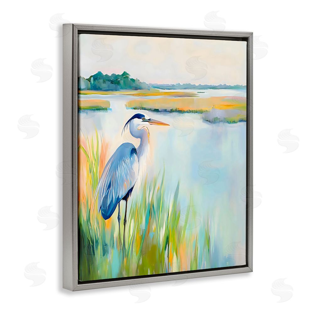 Creative Studio Heron Perched in the Grass Gray Floating Framed Canvas Wall Art