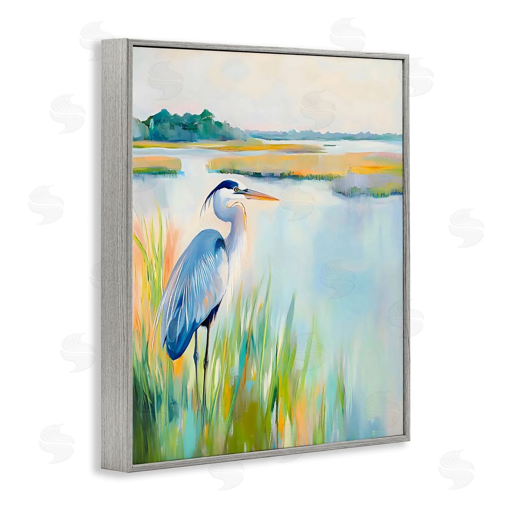 Creative Studio Heron Perched in the Grass Gray Framed Giclee Wall Art