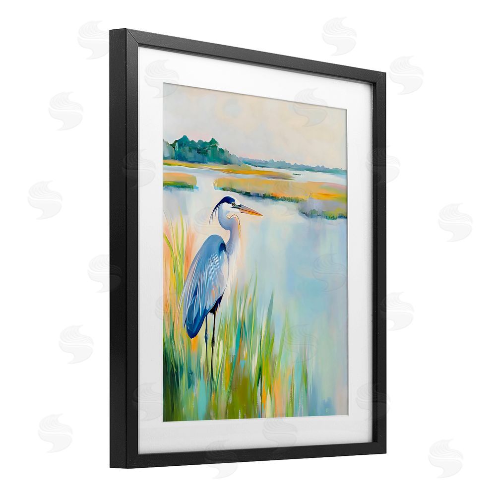 Creative Studio Heron Perched in the Grass Black Framed Print Under Glass Wall Art