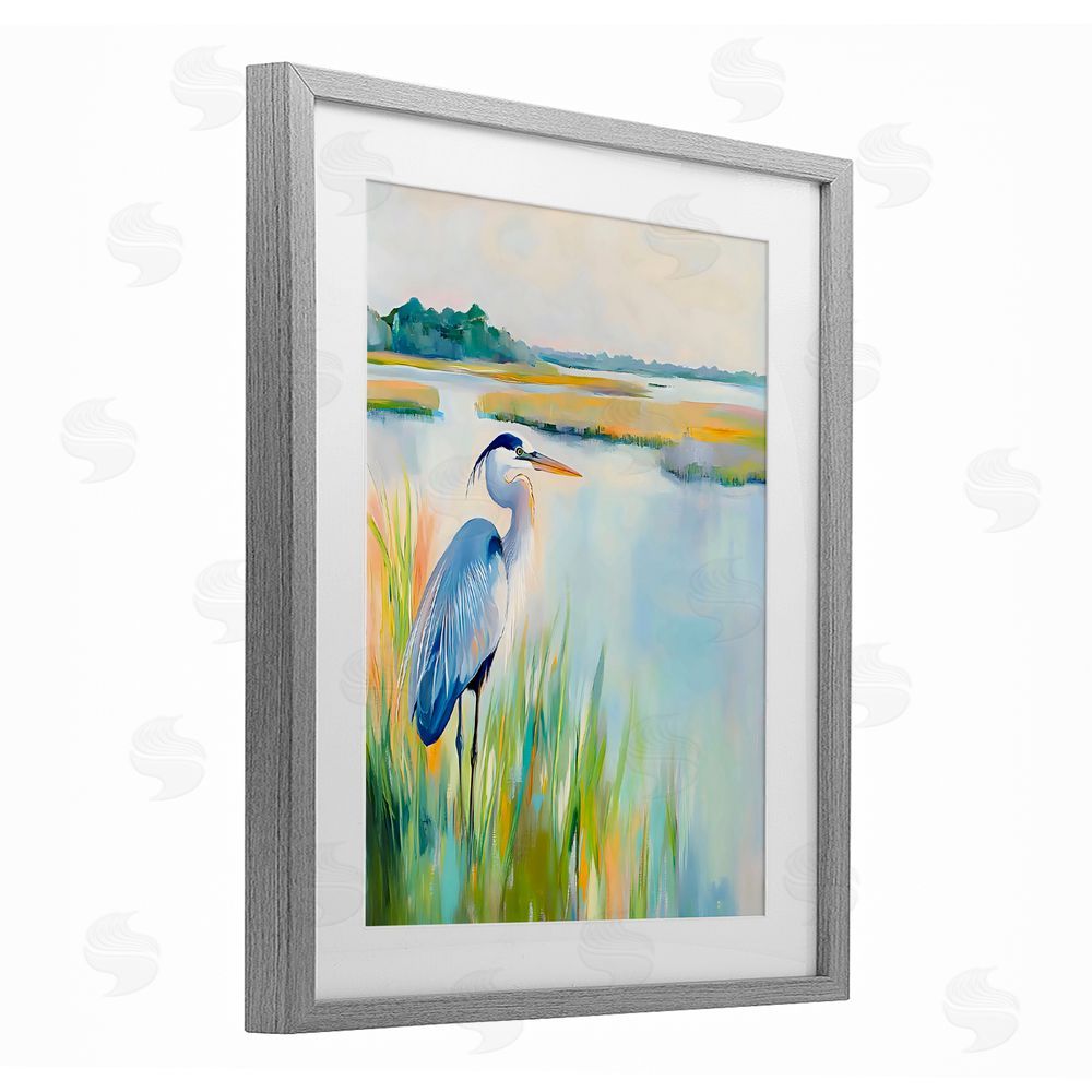 Creative Studio Heron Perched in the Grass Gray Framed Print Under Glass Wall Art