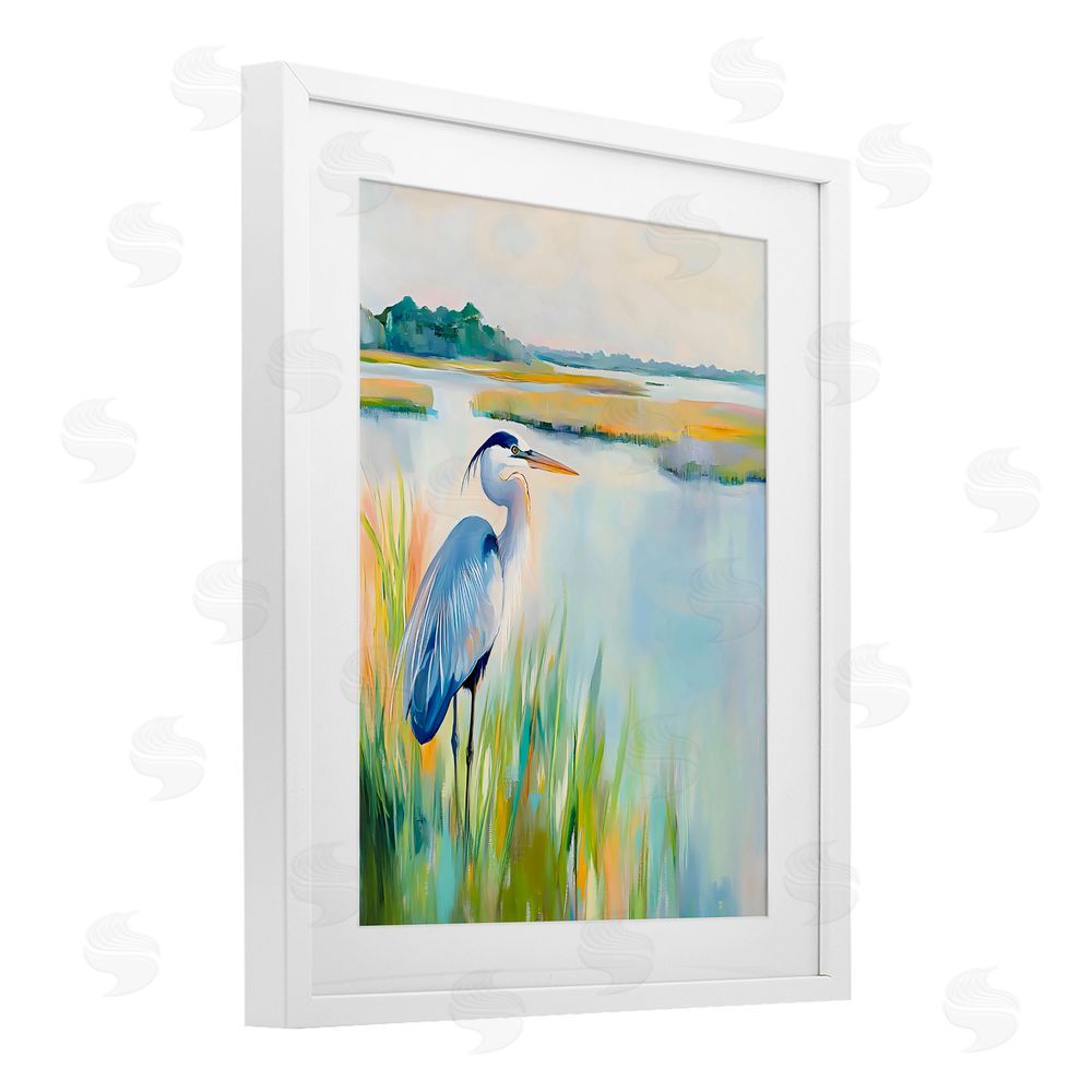 Creative Studio Heron Perched in the Grass White Framed Print Under Glass Wall Art