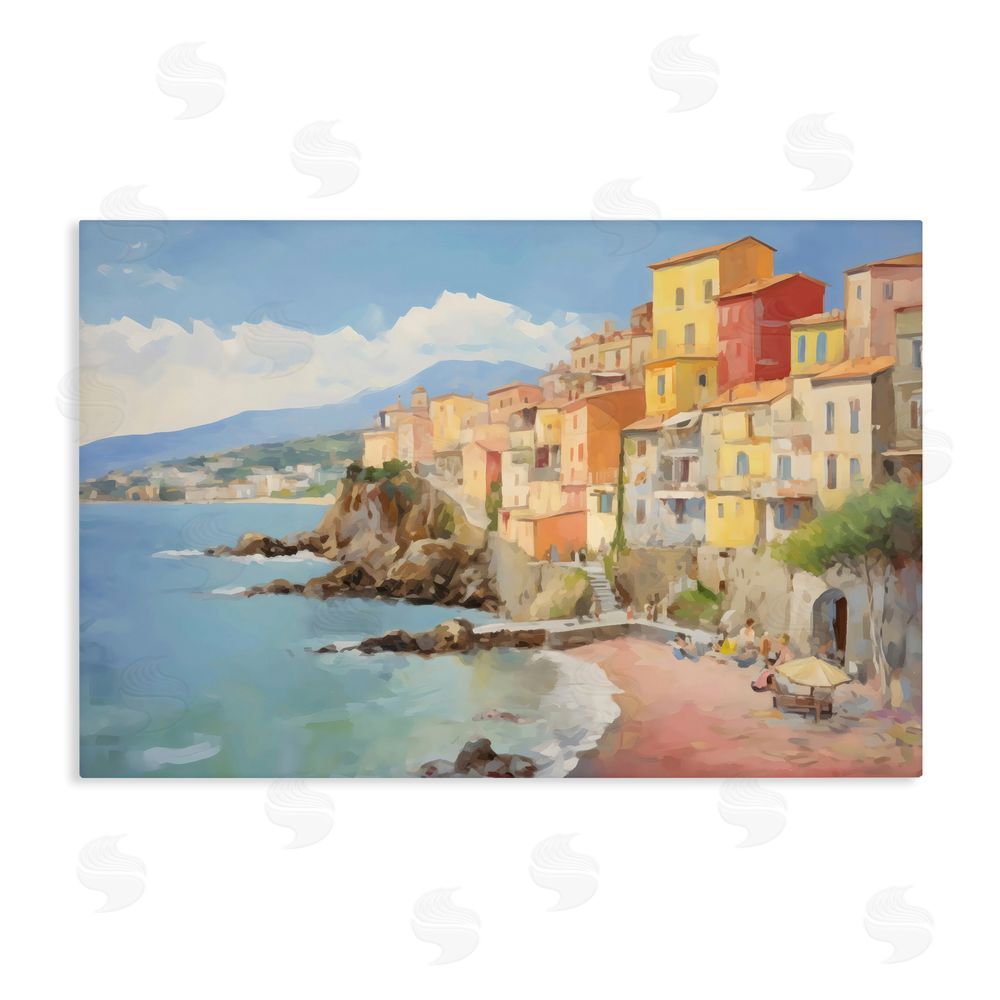 Creative Studio Colorful Coastal Town by Sea Stretched Canvas Wall Art