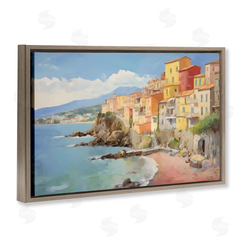 Creative Studio Colorful Coastal Town by Sea Brown Floating Frame Canvas Wall Art Print